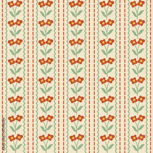 Flower vector pattern, seamless repeating background, flat illustration. Preppy floral bouquet with line with icons, wallpaper design for cards, fabric, wrapping, textiles, wallpaper, and stationery.