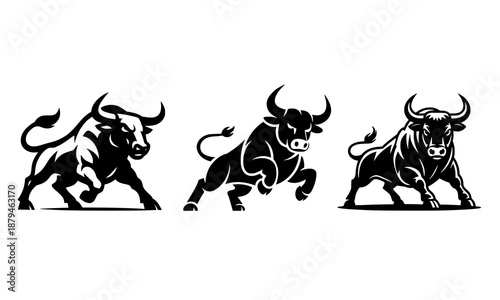 Set of three aggressive bull mascot logos showing a charging animal in powerful poses for Gaming sports teams, finance or corporate branding