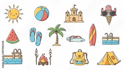 Collection of Summer Vacation and Beach Icons.