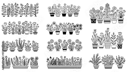 Collection of Hand-Drawn Decorative Potted Plants and Flowers, Black and White Vector Art