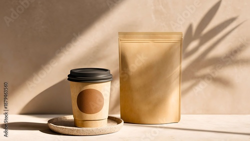 Coffee cup and coffee bag on the table with dramatic sunlight. A perfect setup for a coffee brand