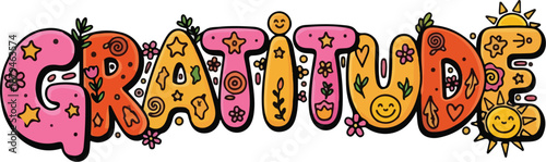 Gratitude Word Art with Cute Decorations and Smiling Sun