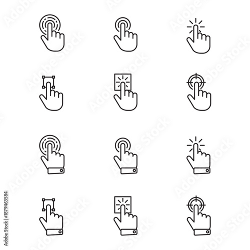 Bundle of Hand clicking icon pointer navigating stylized hands, mouse icon clicking vector. Suitable for technology, communication, online connectivity themes in design projects.