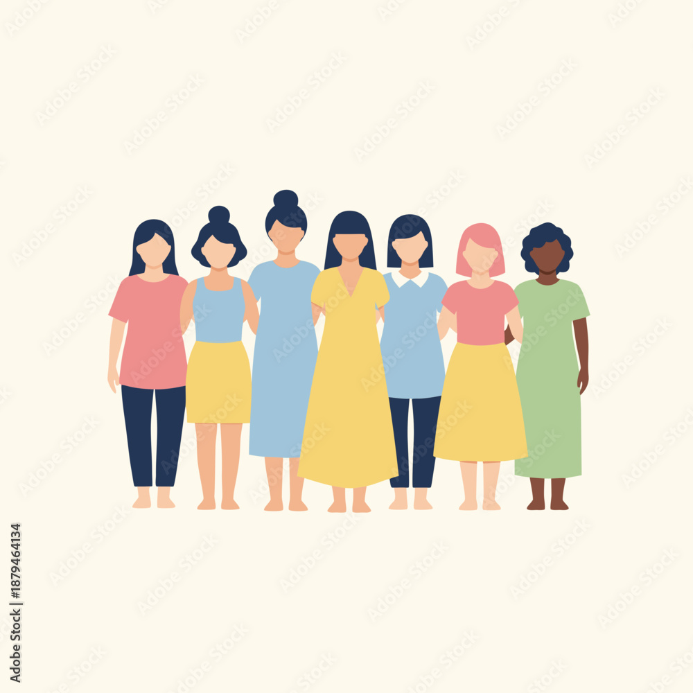 Fototapeta premium Group of Diverse Women Standing Together in Minimalist Flat Illustration Style