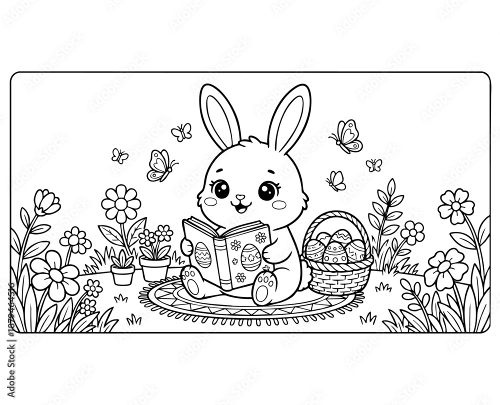 Fototapeta premium Happy Easter! Black and white coloring pages for teens, adults, and kids featuring Easter elements.