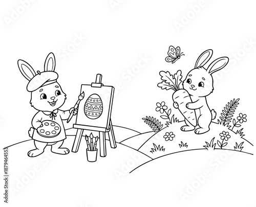 bunny painting easter egg and some flowers, coloring page ready to print on standard 8.5x11 inch paper. eps file.