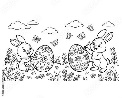 bunny painting easter egg and some flowers, coloring page ready to print on standard 8.5x11 inch paper