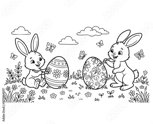 bunny painting easter egg and some flowers, coloring page ready to print on standard 8.5x11 inch paper