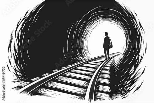 Solitary Figure on Railway Track Leading to Light Tunnel