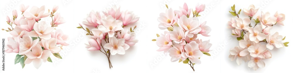 Obraz premium A classic bouquet of fresh magnolia blooms, isolate on white background. Set.