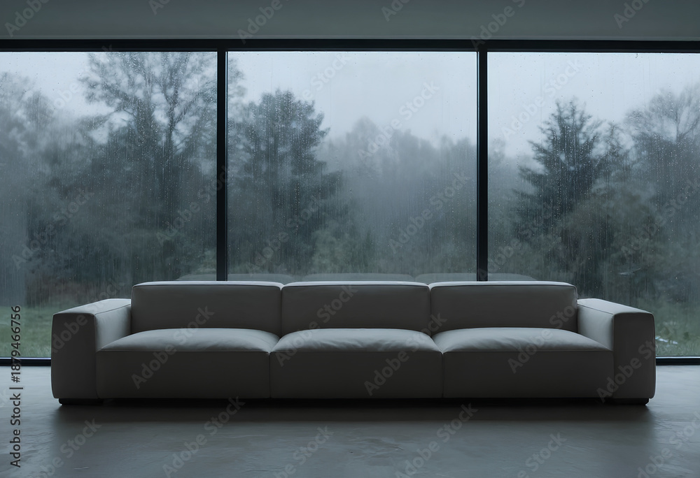 Fototapeta premium Luxury contemporary home interior showcasing dark leather sofa polished wood floors and forest scenery