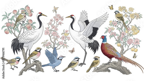Elegant Cranes and Pheasant surrounded by Blooming Trees and Delicate Butterflies
