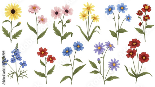 Watercolor illustration of a variety of colorful wildflowers and blooming plants