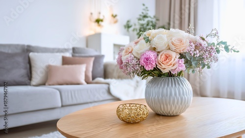 A cozy living room setting featuring a vase of fresh flowers, a comfortable sofa, and a stylish coffee table, evoking a sense of tranquility and home comfort.