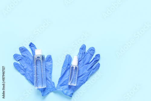 Rubber gloves with bottles ...