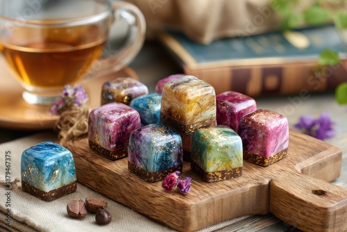 Colorful Artisan Chocolate Confections on Wooden Board with Tea and Books in Cozy Setting for Elegant Indulgence and Gourmet Experience