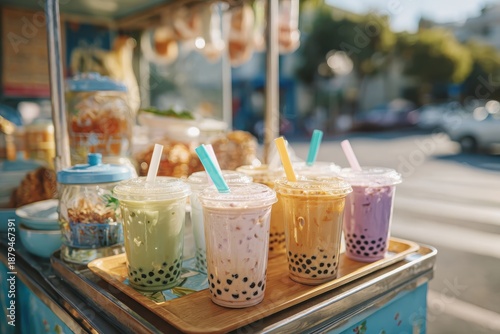 Colorful Array of Refreshing Bubble Teas Displayed in Clear Cups on a Street Cart with Bright Sunshine and Vegetation in the Background
