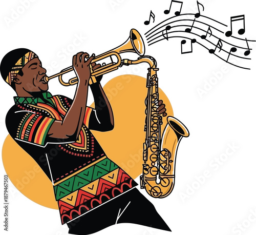 African American musician passionately playing a brass trumpet while holding a gold saxophone with musical notes flowing abstractly