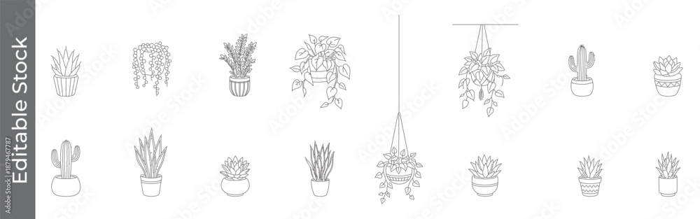 Fototapeta premium Hanging plant, Succulent and cactus icon set – editable outline symbols of pot, greenery, home decor and indoor plant