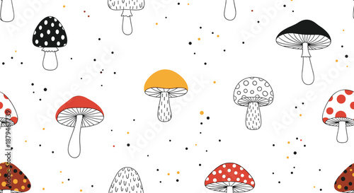 Whimsical seamless pattern with a variety of colorful hand-drawn mushrooms and scattered dots, creating a fun woodland forest theme.