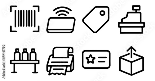 Set of Black Line Icons for Retail and Point of Sale Systems Featuring Barcode Scanner, Digital Payment, Cash Register, Receipt, and Warehouse Storage Shelves