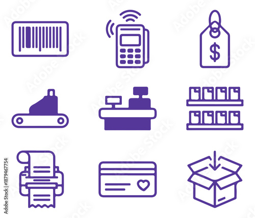 Retail and Point of Sale Line Icons Set Featuring Cash Register, Barcode Scanner, Receipt Printer, Payment Terminal, Credit Card, and Shopping Box in Purple Outline Style