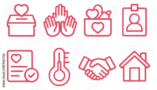 Set of Charity and Humanitarian Aid Line Icons Featuring Donation Box, Volunteer Hands, Food Relief, Medical Care, and Partnership Handshake in Red Outline Style