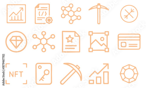 Digital Cryptocurrency and NFT Line Icons Set Featuring Blockchain Network, Mining Pickaxe, Diamond Token, Smart Contract, and Data Analytics in Orange Outline Style