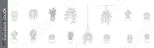 Hanging plant, Succulent and cactus icon set – editable outline symbols of pot, greenery, home decor and indoor plant