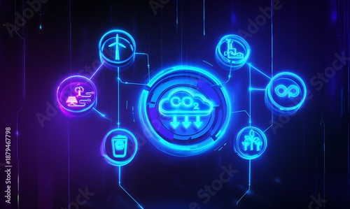 Wallpaper Mural Futuristic digital network with interconnected technology icons and carbon dioxide symbol Torontodigital.ca