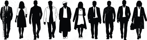 Silhouettes of ten diverse individuals walking forward in varied attire, symbolizing inclusion, individuality, and social representation
