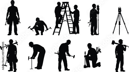 Silhouettes of Ten Construction Workers Performing Various Tasks with Tools and Safety Gear, Isolated Labor Scene Representing Industrial Roles and Activity