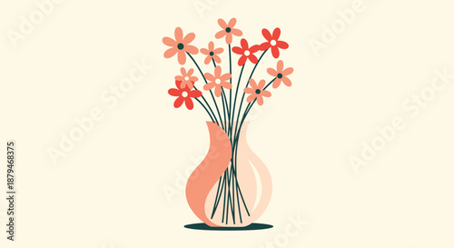Simple and elegant illustration of a vibrant bouquet of pink and red wildflowers in a modern glass vase on a soft cream background.