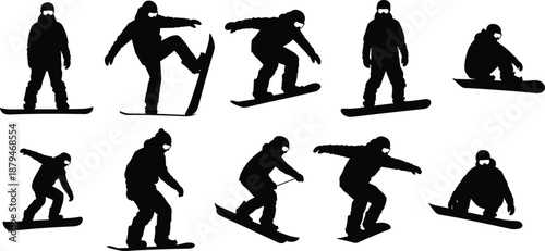 Snowboarder silhouette set showing winter sports tricks, jumps and riding poses isolated on white background illustration