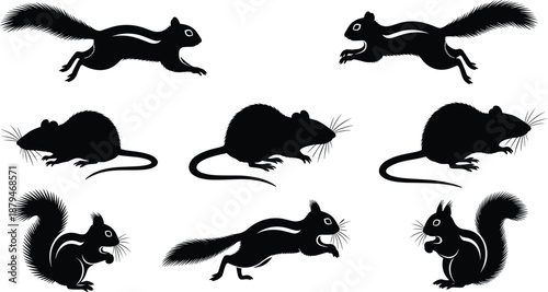 Small Rodent Silhouettes Set Featuring Squirrels, Chipmunks, and Rats Running and Sitting Vector Illustration
