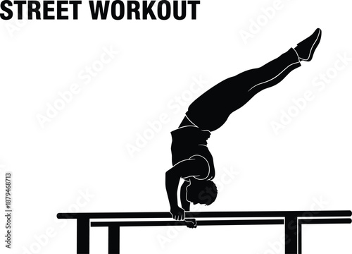 Street workout silhouette of athlete performing handstand on parallel bars, showcasing strength, balance, and urban fitness lifestyle vector