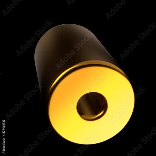 Close-up of a gleaming golden cylindrical object with a recessed circular center, digitally rendered against a dark, contrasting black background.