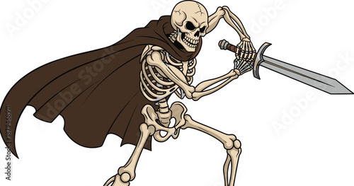 Stylized skeleton warrior with sword and cape in battle stance, representing fantasy combat, undead mythology, and RPG character design.