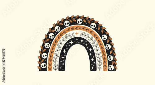 Spooky and stylish bohemian rainbow illustration decorated with skulls, stars, and botanical branches in a dark, Halloween-themed palette.