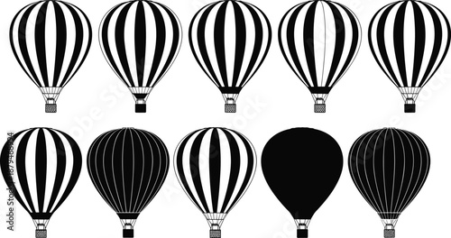 Fotografía Ten black and white hot air balloon illustrations with varied stripe patterns an