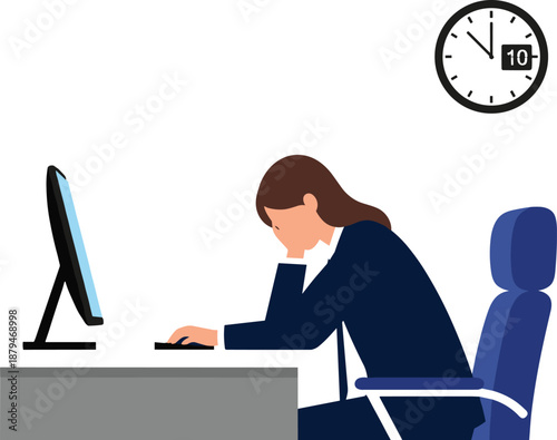 Tired businesswoman stressed at office desk working late, burnout, exhaustion, deadline pressure, corporate fatigue, vector illustration for overwork.