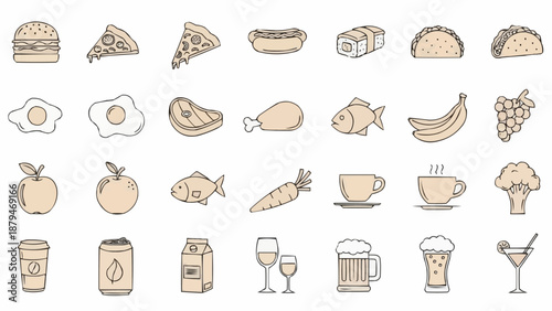 Collection of various food and drink icons in a simple line art style.