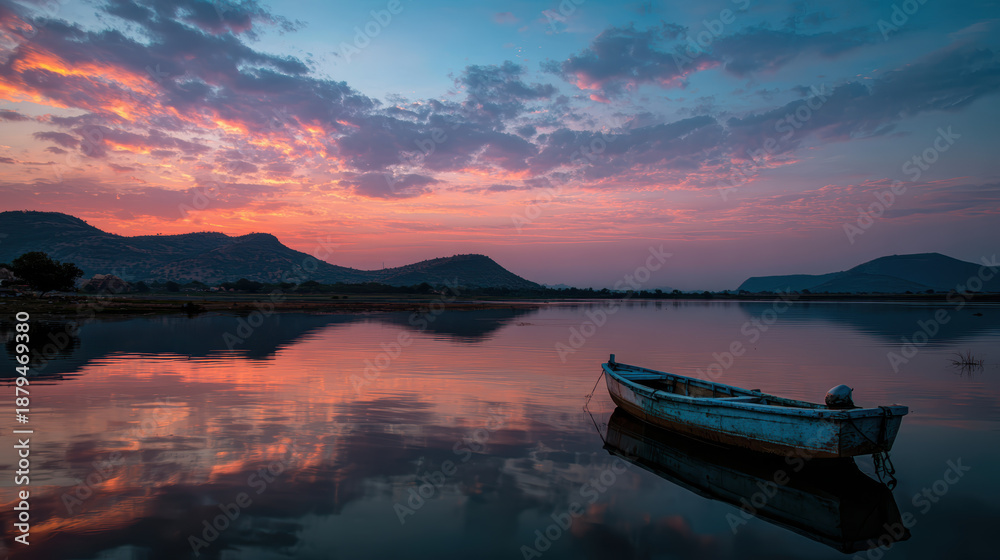 Obraz premium Small Boat on Calm Water During Sunset with Mountain Reflections