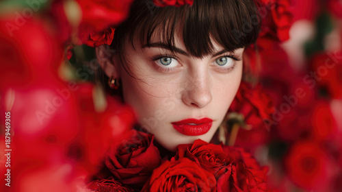 Wallpaper Mural Young woman with bold red lipstick surrounded by roses Torontodigital.ca