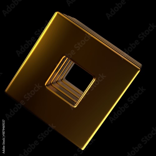Shiny Gold 3D Rendered Abstract Geometric Shape with Grooves and Inset Element on Black Background