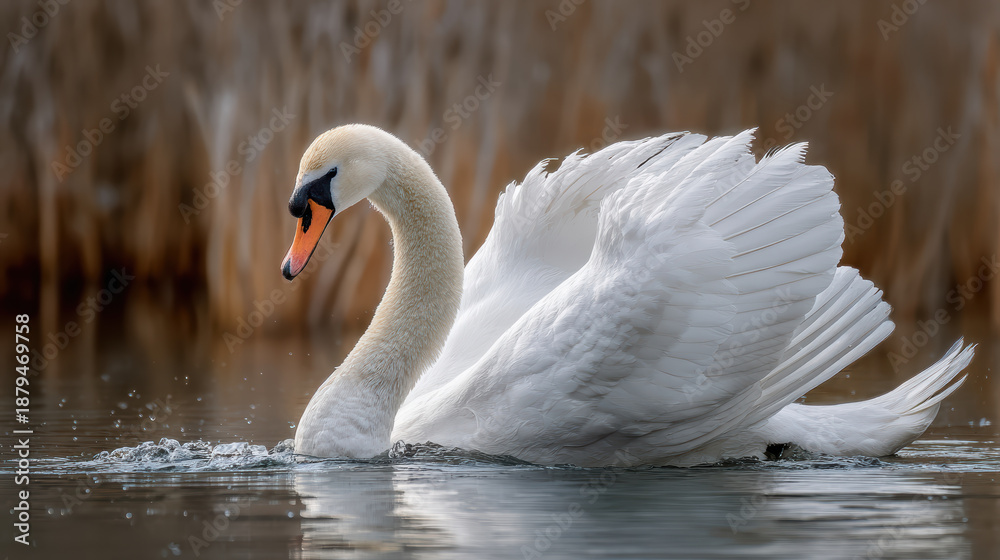 Obraz premium Swan swimming in calm water with wings spread