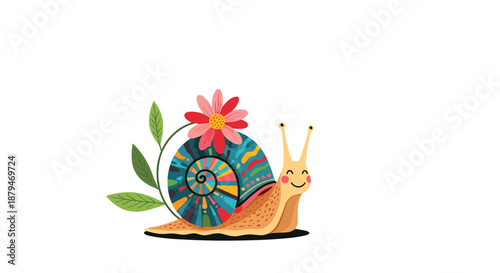 Cute and whimsical cartoon illustration of a happy snail with a colorful, patterned shell decorated with a flower and leaves.