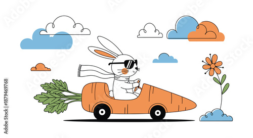 A cool cartoon rabbit with sunglasses and a scarf happily drives a unique car shaped like a large carrot on a whimsical journey.