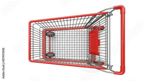 Red supermarket shopping cart. 3d top view vector illustration. Photo realistic empty basket for food products. Customers market trolley mockup. Single object isolated on white. Mall equipment