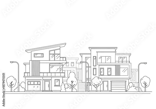 Modern Townhouses Line Art Illustration with Trees and Streetlights